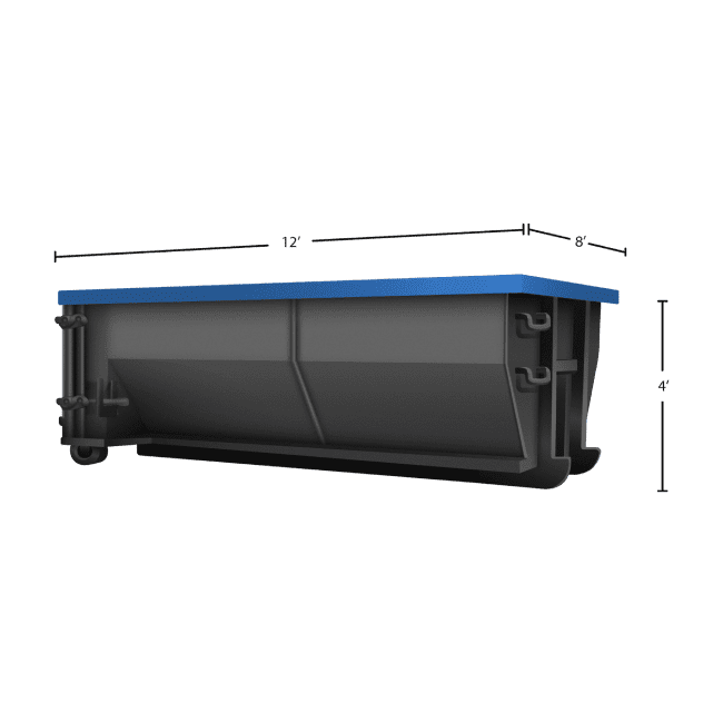 Black roll-off dumpster with blue trim with the dimensions shown: 12' L x 4' H x 8' W