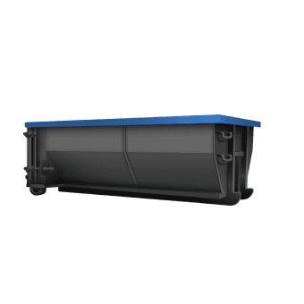 Black roll-off dumpster with blue trim